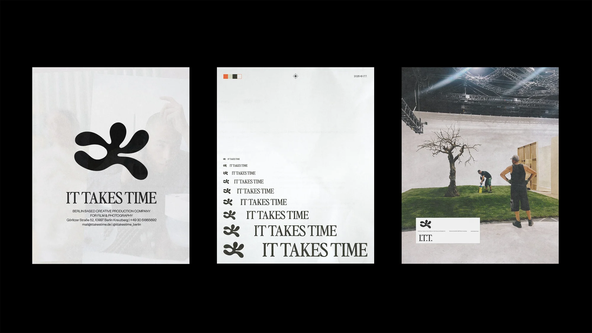 Conceptual art display featuring studio scene and production company posters; 'It Takes Time' is a key visual element.