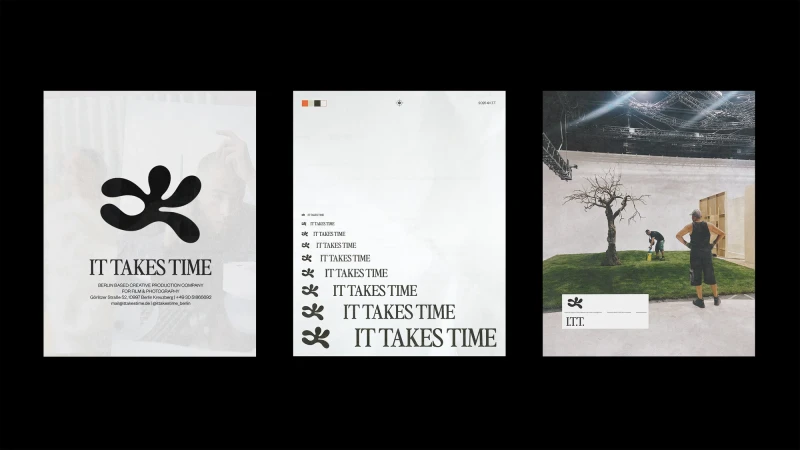Conceptual art display featuring studio scene and production company posters; 'It Takes Time' is a key visual element.