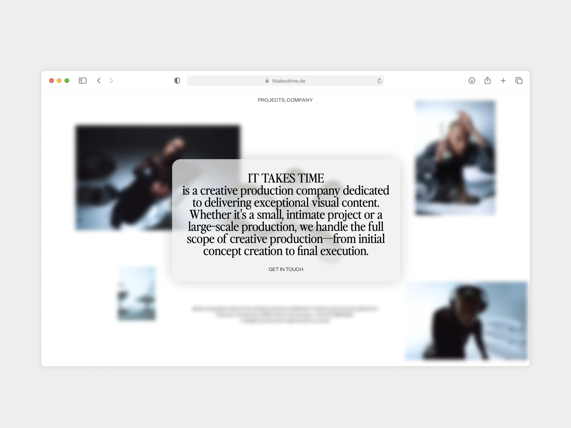 Website of It Takes Time creative production company with images of their work and a text box providing a company description.