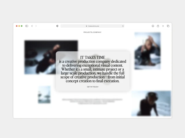 Website of It Takes Time creative production company with images of their work and a text box providing a company description.