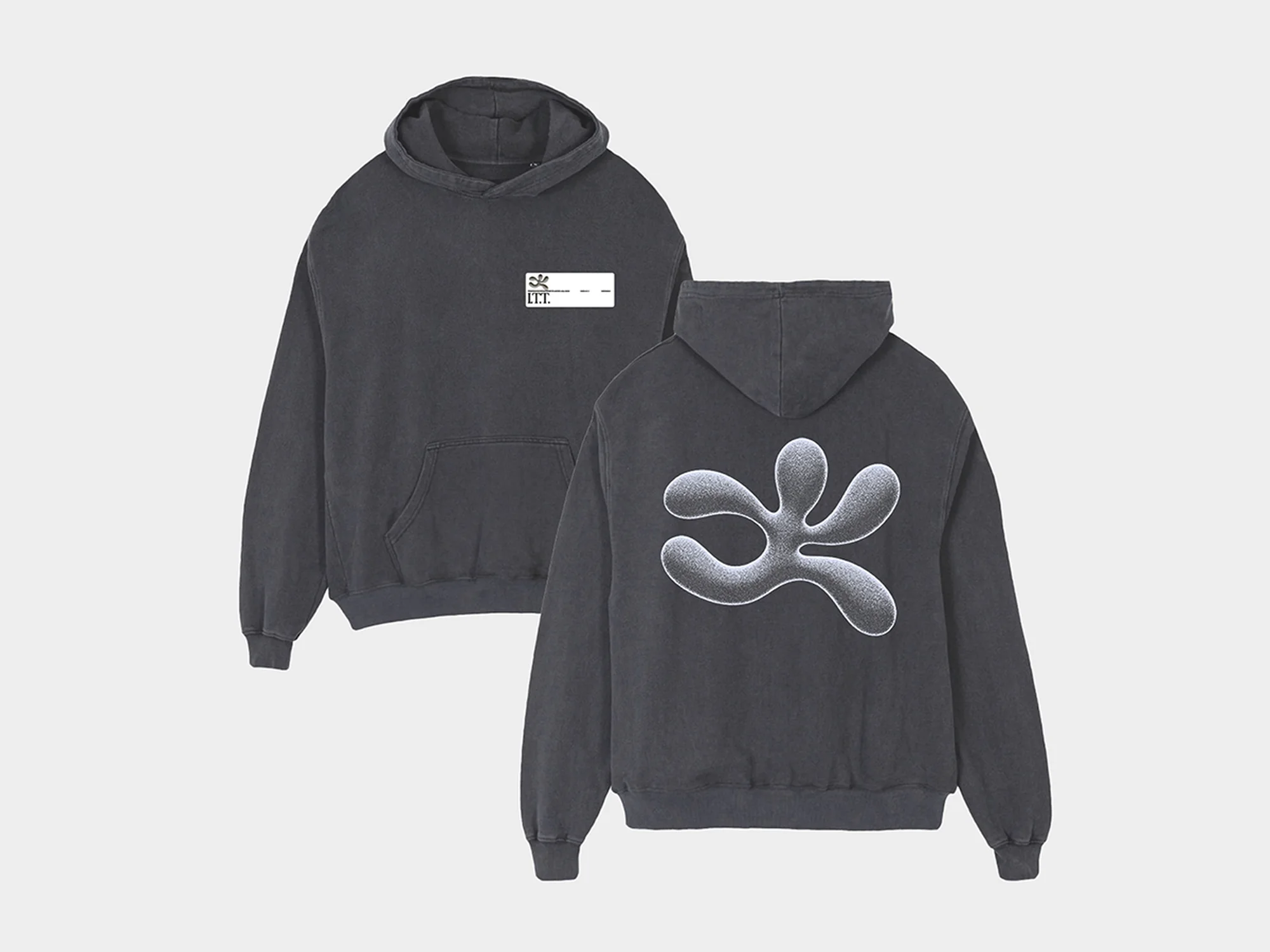 Two grey hooded sweatshirts are displayed on a white background, one facing front, and the other facing back with an abstract print.