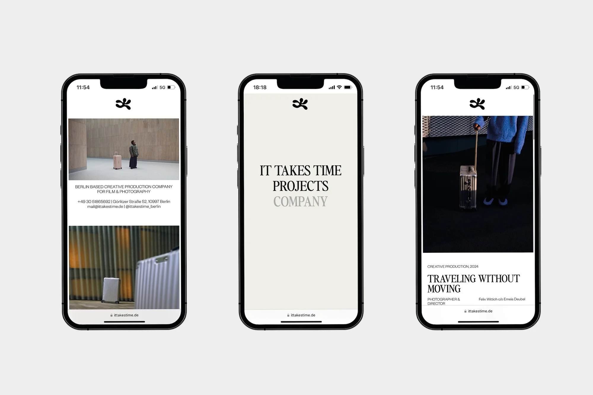 Three smartphone screens display a website for a Berlin-based creative production company specializing in film and photography. Clean, modern design.