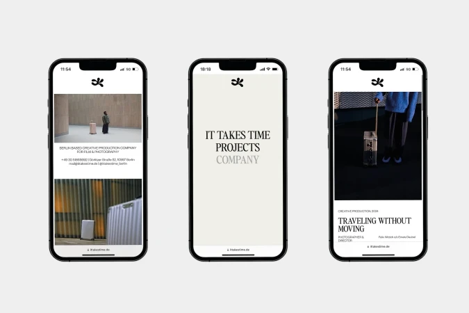 Three smartphone screens display a website for a Berlin-based creative production company specializing in film and photography. Clean, modern design.
