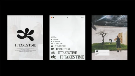 Triptych of three graphic design layout boards featuring the IT TAKES TIME brand identity by Moritz Kreul on dark background