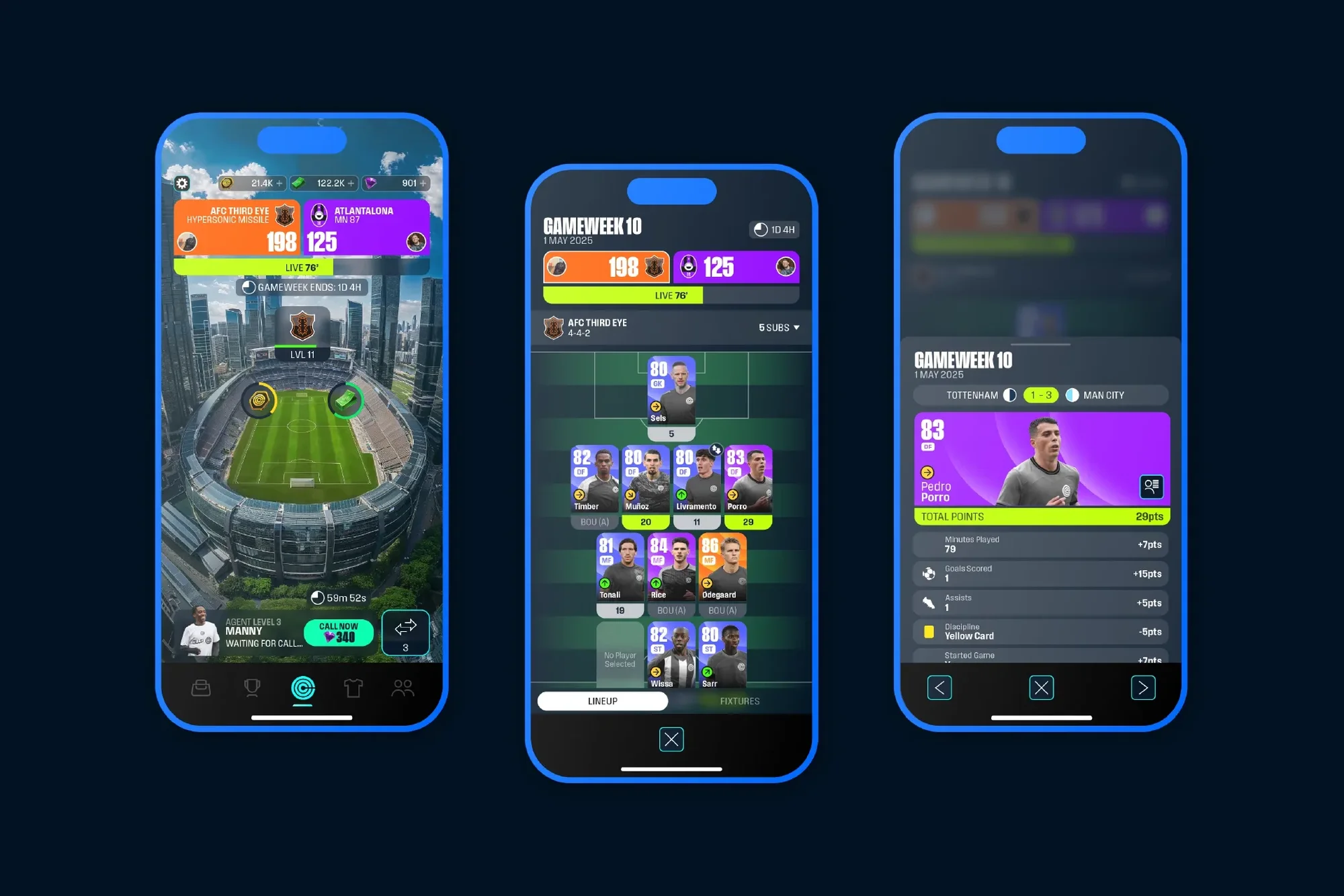 Screenshots of a soccer gaming app showing stadium view, team lineup, and individual player stats on a dark blue background.