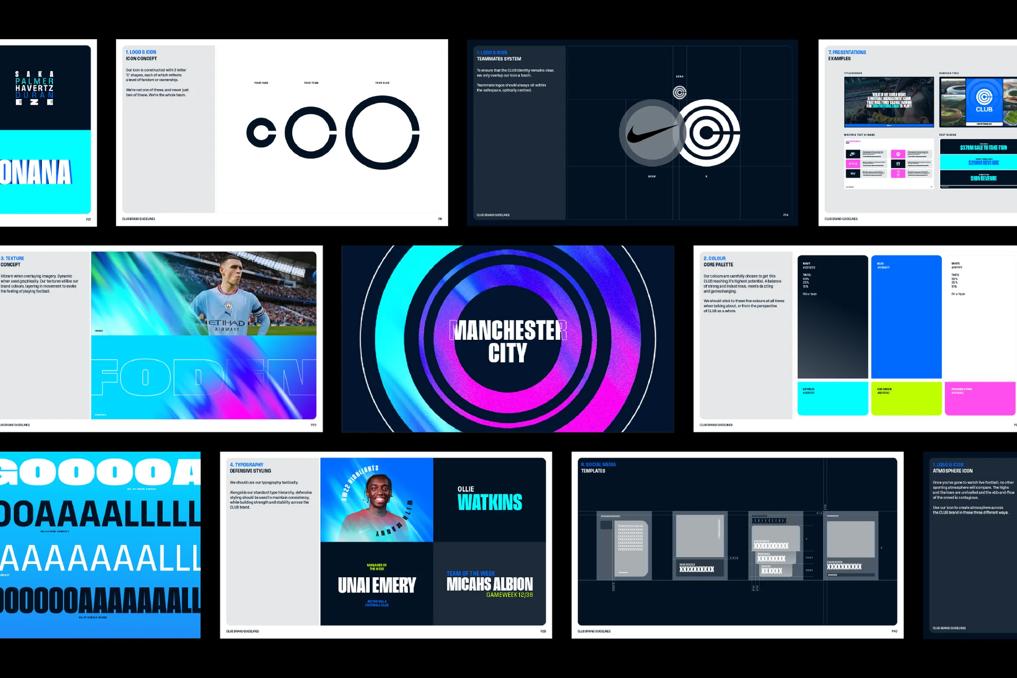Design compendium showcases soccer team branding, including logos, color palettes, typography, and player visuals, displayed on a dark background.