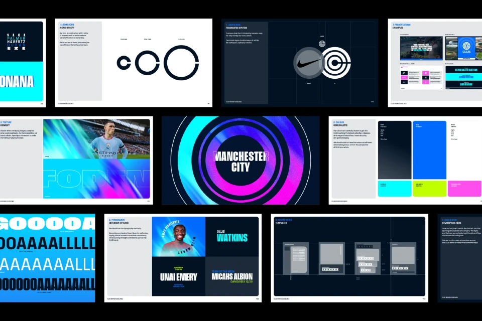 Design compendium showcases soccer team branding, including logos, color palettes, typography, and player visuals, displayed on a dark background.