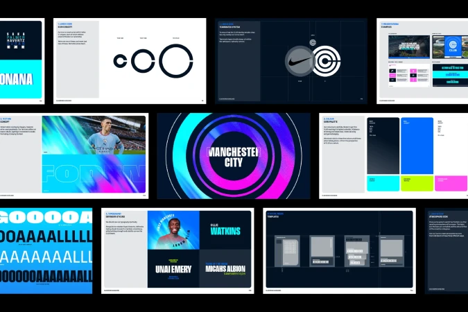 Design compendium showcases soccer team branding, including logos, color palettes, typography, and player visuals, displayed on a dark background.
