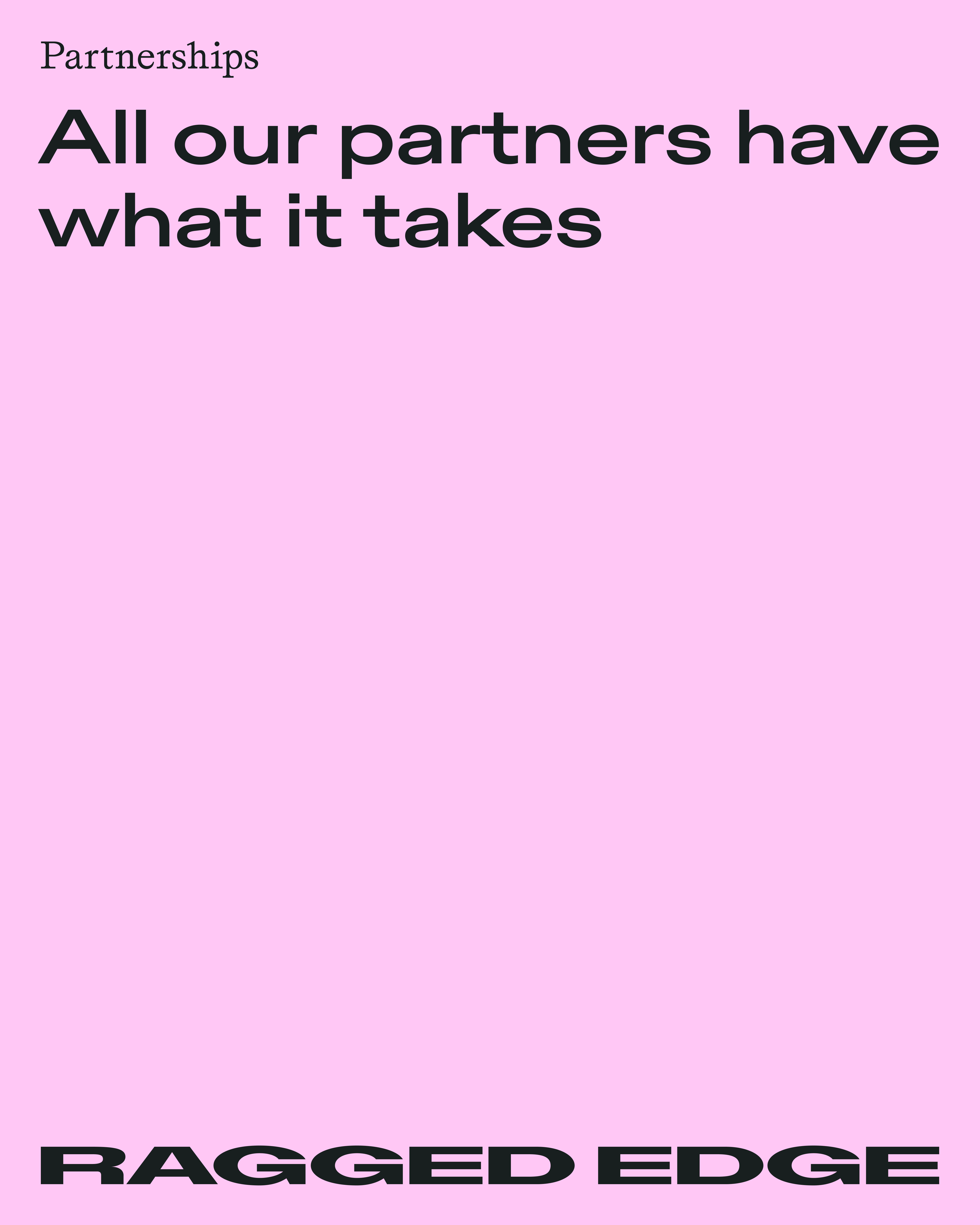 Minimalist text-based graphic on a pink background with brand messaging and a partnership announcement. Features typography and branding.
