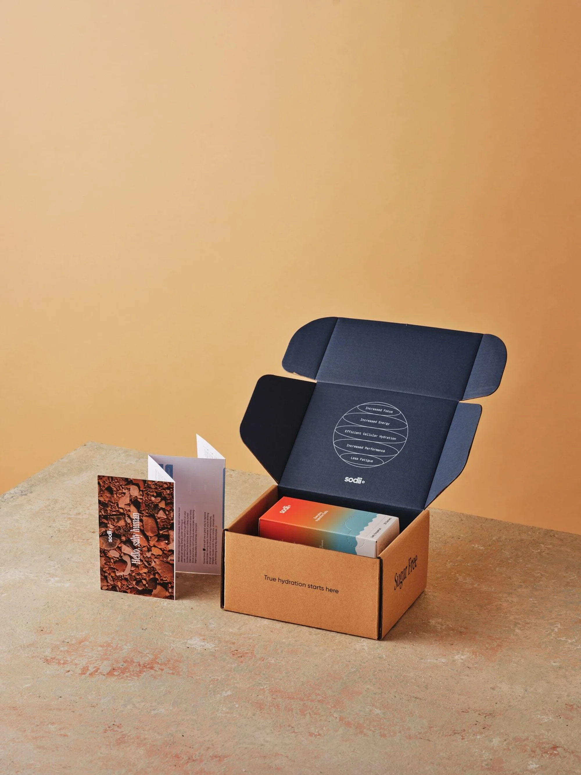 Studio shot of an open cardboard box with skincare products inside, along with folded cards, set against a light brown background.