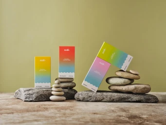 Colorful Sodii hydration salt boxes arranged neatly on flat stones and stacked river rocks against an olive green backdrop.