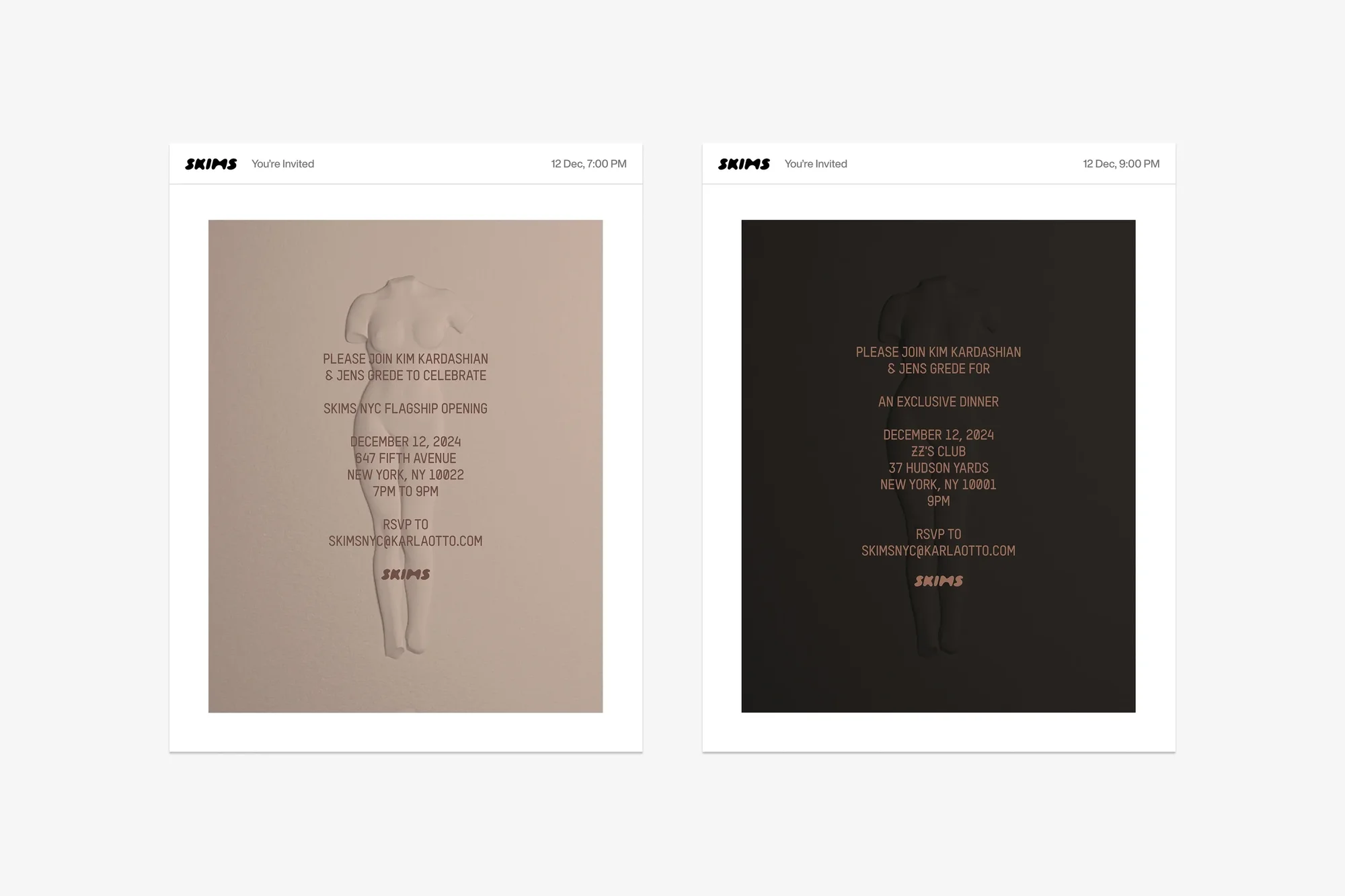Two Skims invitation cards side-by-side, one in a light color scheme and one in a dark color scheme, both featuring a human torso figure.