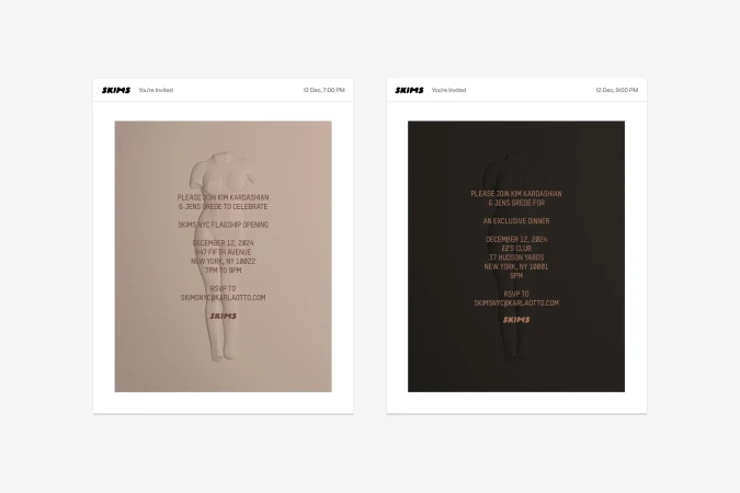 Two Skims invitation cards side-by-side, one in a light color scheme and one in a dark color scheme, both featuring a human torso figure.