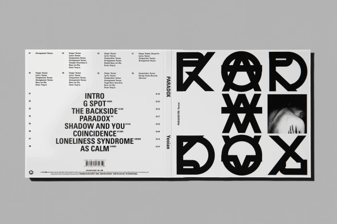 Black and white music album cover featuring stylized typography and a small photo of a person's neck and shoulder.