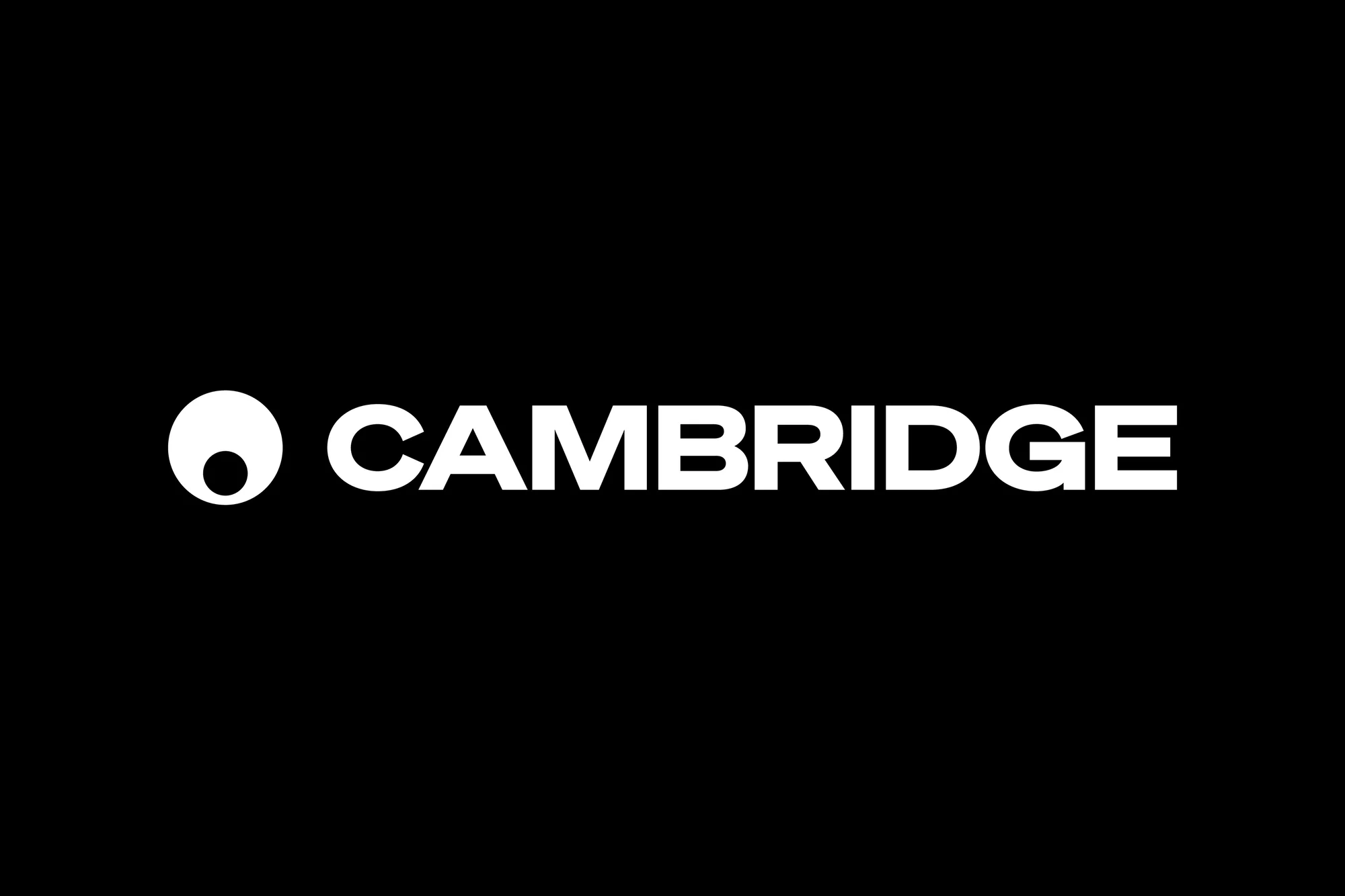 Cambridge logo featuring a distinctive circular icon and bold, white lettering set against a solid black background. Minimalist design.