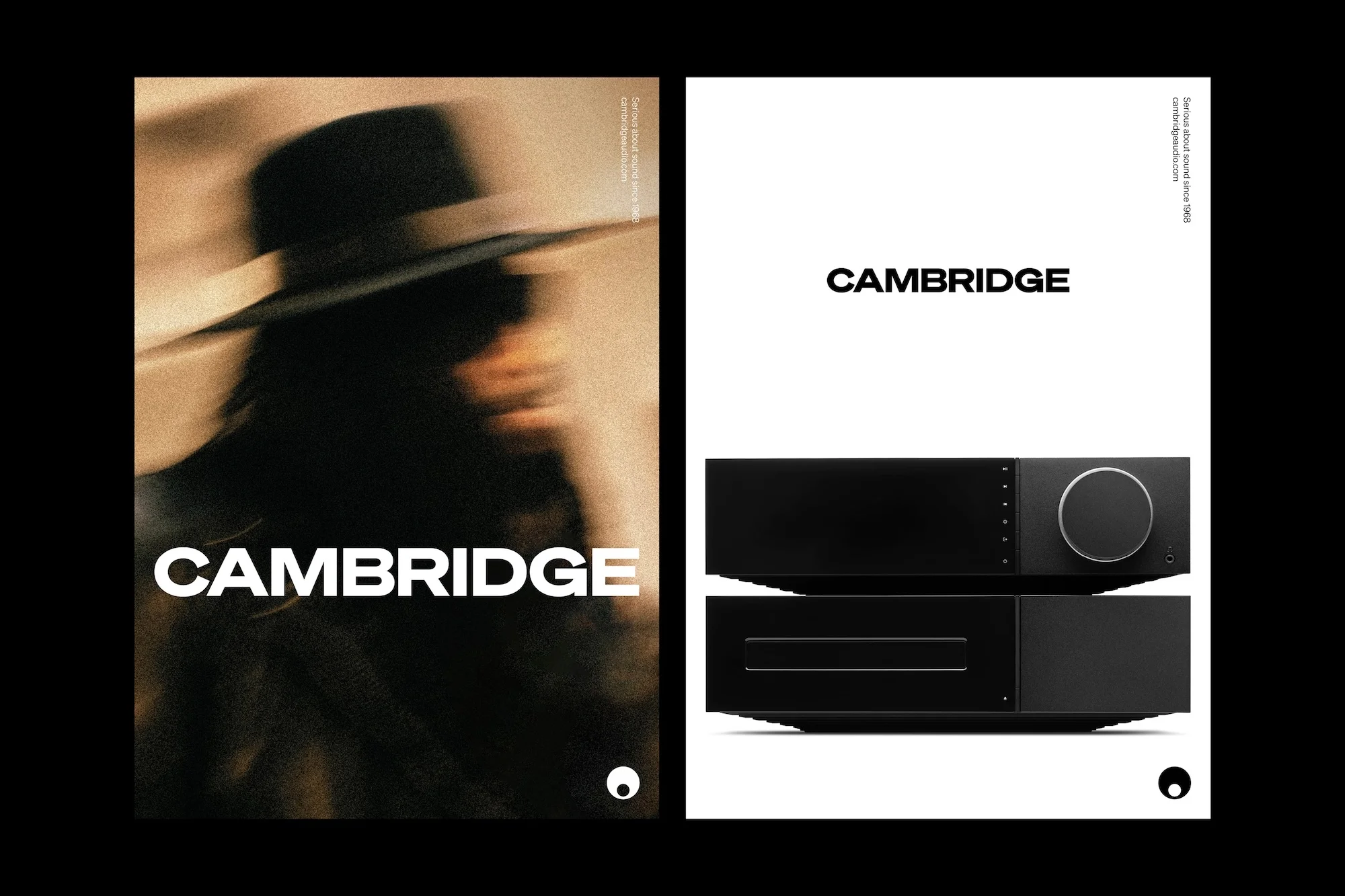 Cambridge audio equipment promotional poster featuring an abstract portrait and product shots against black and white backgrounds.