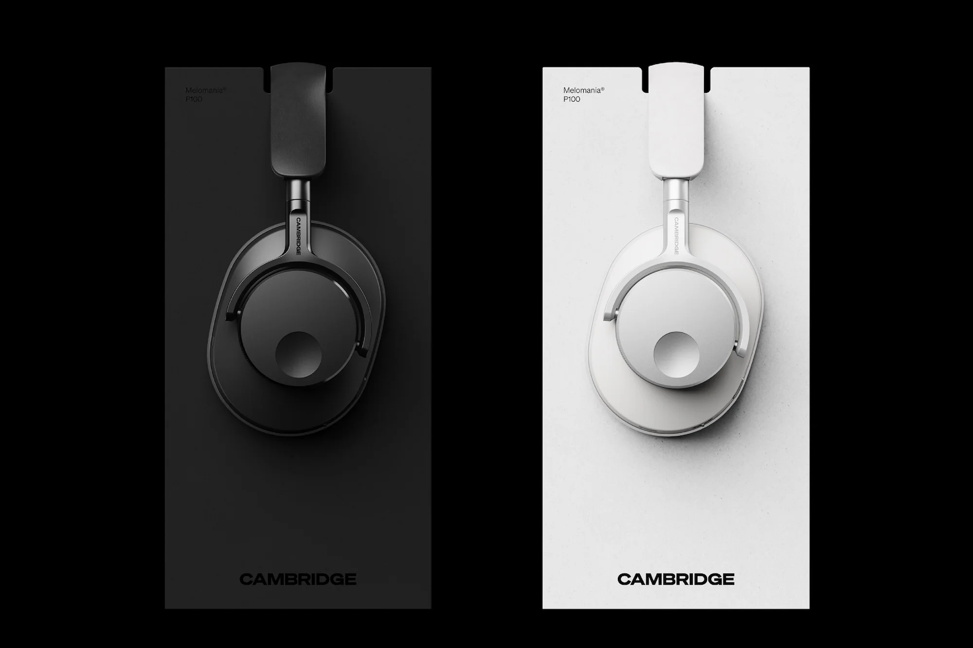 Studio shot of black and white Cambridge Audio Melomania P100 headphones on matching colored boxes. Modern product photography.