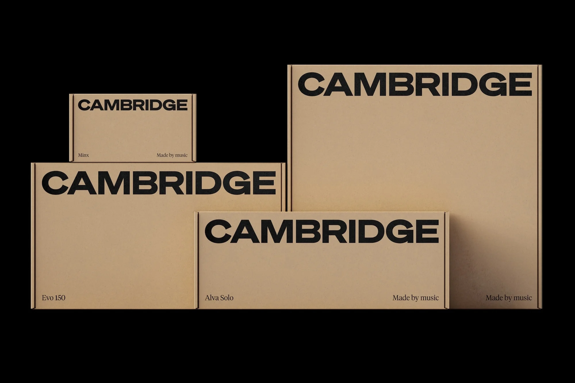 Several tan Cambridge product boxes of varying sizes are arranged on a black background, each with black text labels.
