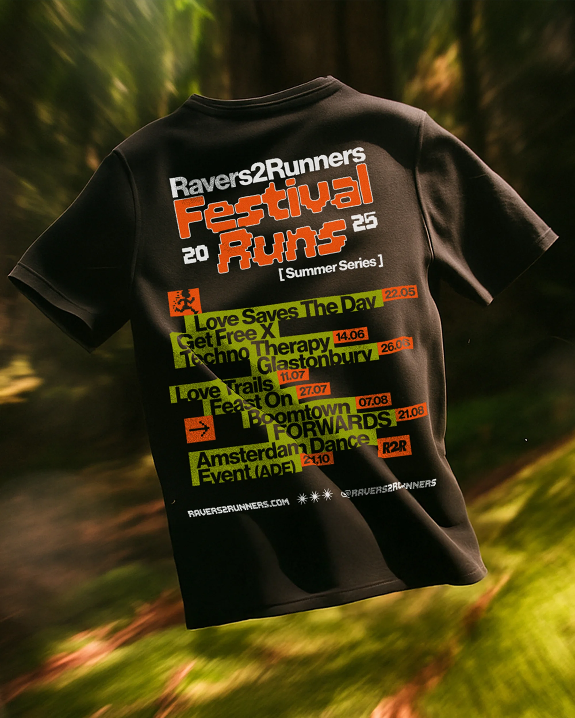 Black Ravers2Runners t-shirt with Festival Runs graphic on outdoor background. Summer series event list and ravers2runners.com printed.
