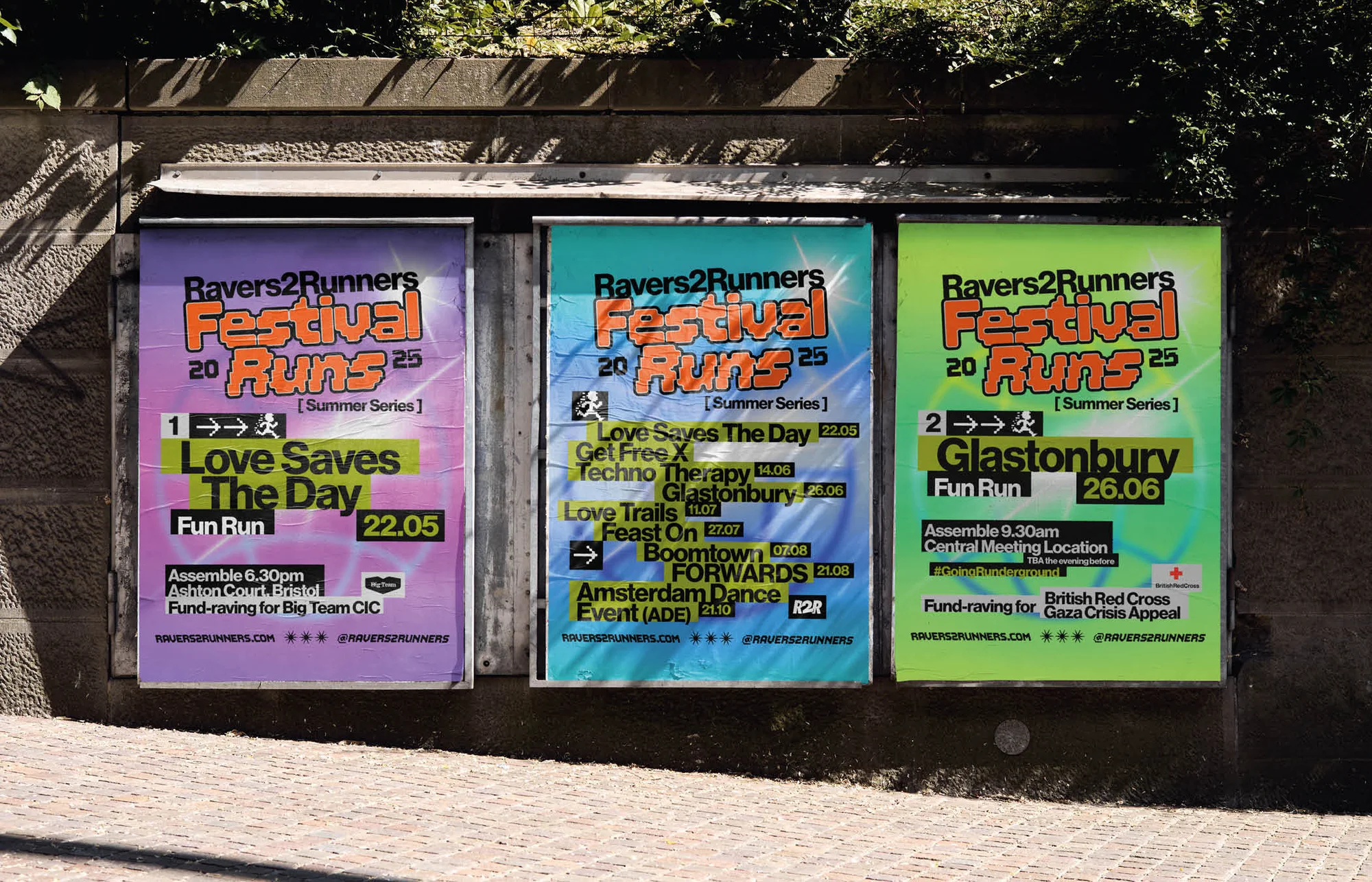 Three event posters for Ravers2Runners Festival Runs 2025, promoting runs in Ashton Court Bristol, Glastonbury, and Boomtown.