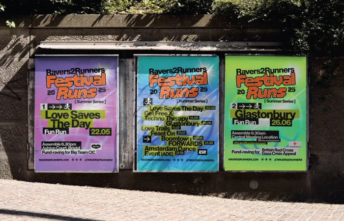 Three event posters for Ravers2Runners Festival Runs 2025, promoting runs in Ashton Court Bristol, Glastonbury, and Boomtown.