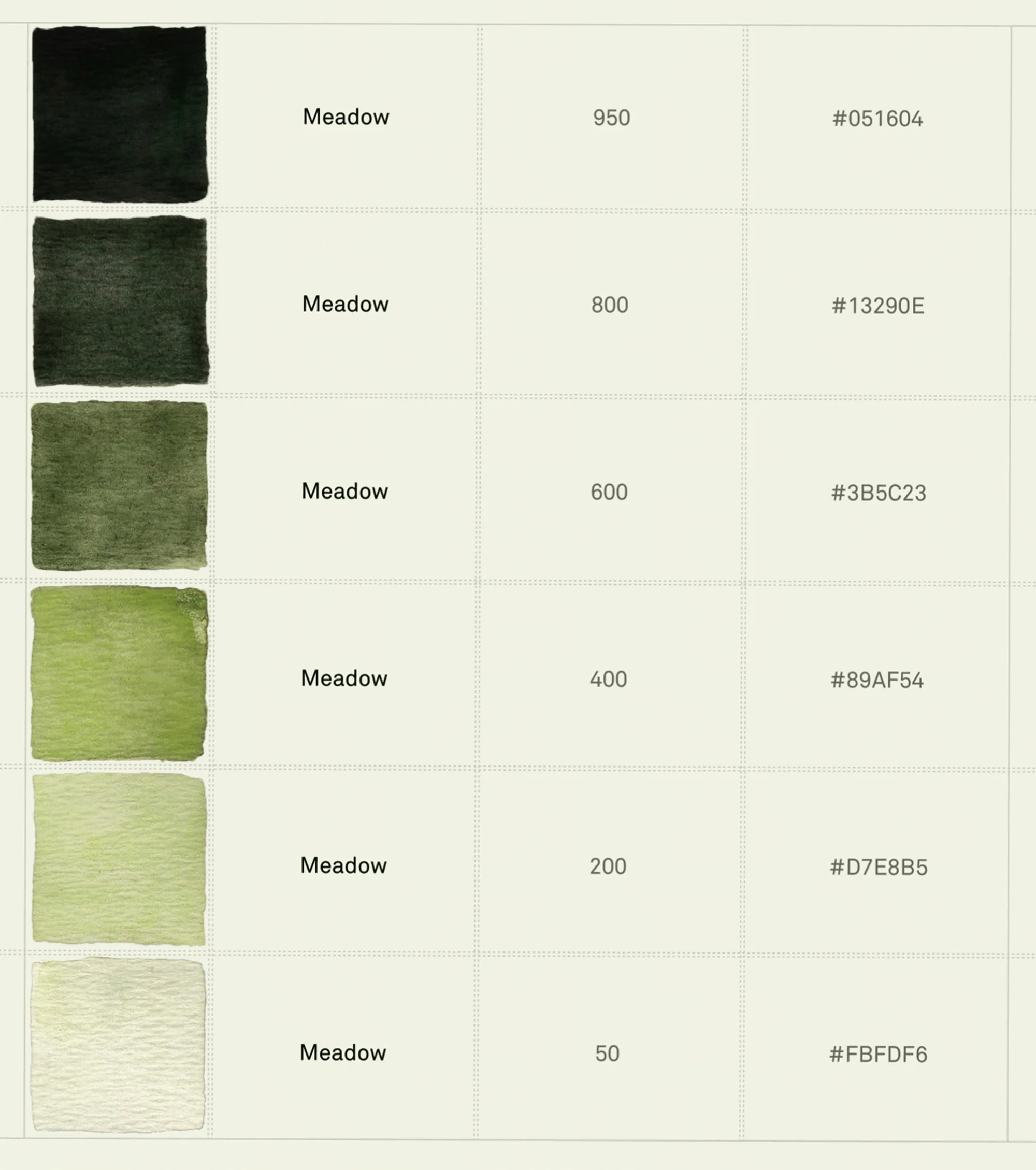 Color palette featuring a grid of meadow green hues, from dark to light, alongside their corresponding hexadecimal color codes.