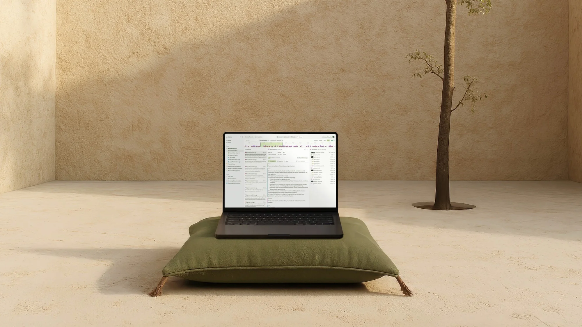 Laptop computer sits on a cushion indoors near a tree, bathed in sunlight. The laptop screen displays website content.