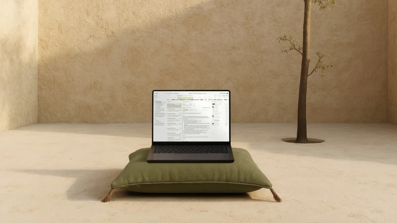 Laptop computer sits on a cushion indoors near a tree, bathed in sunlight. The laptop screen displays website content.