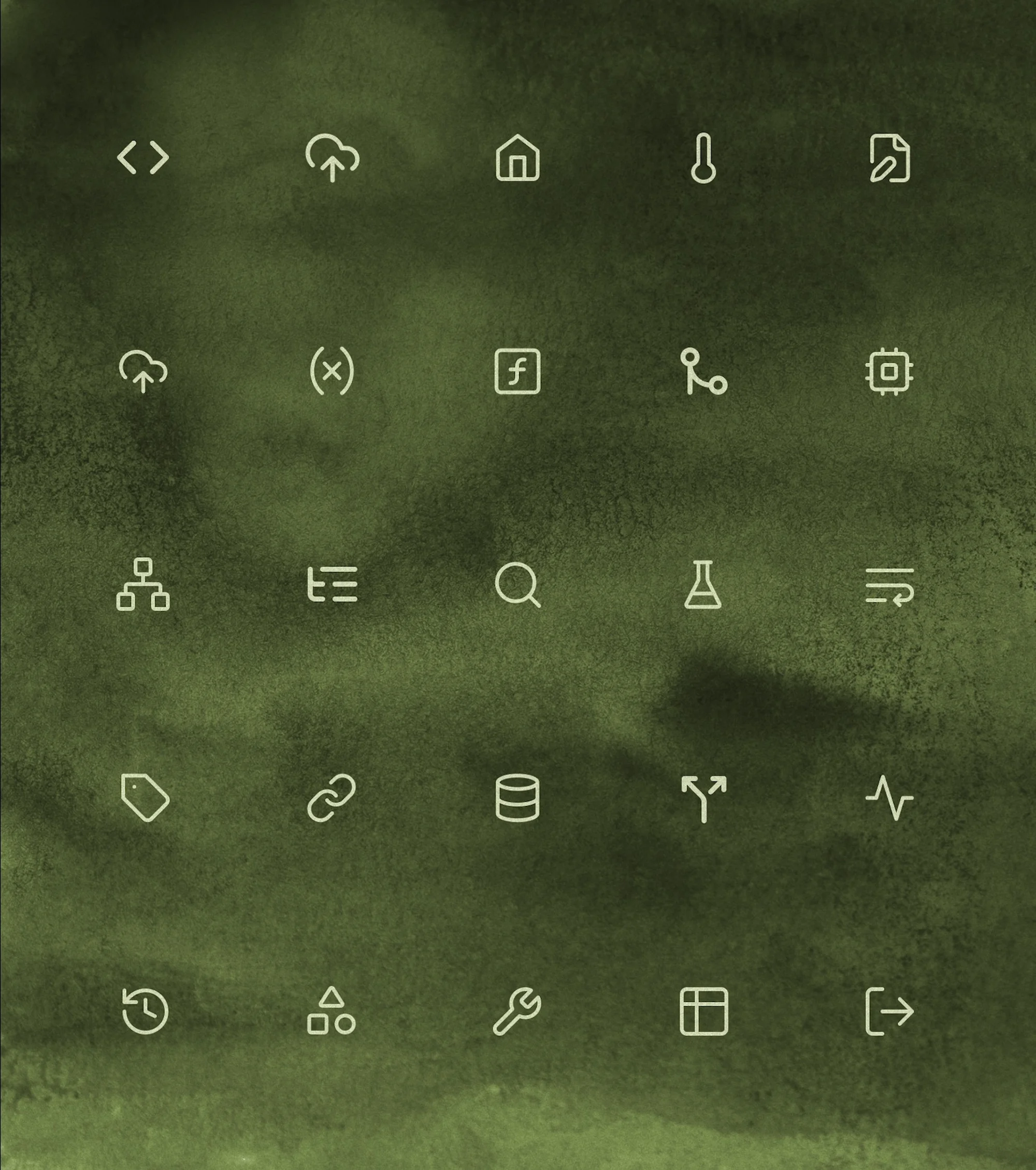 Collection of 24 white vector icons arranged in rows on a green mottled background. Icons include cloud, home, database, wrench, and more.