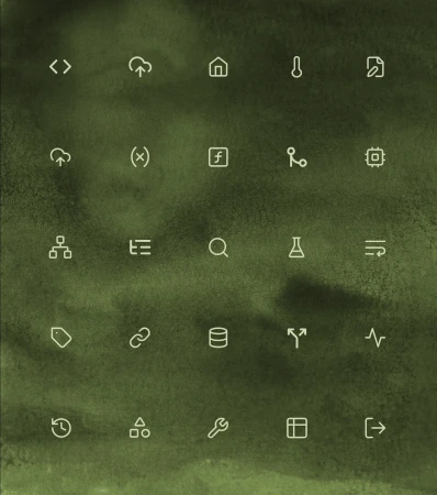 Collection of 24 white vector icons arranged in rows on a green mottled background. Icons include cloud, home, database, wrench, and more.