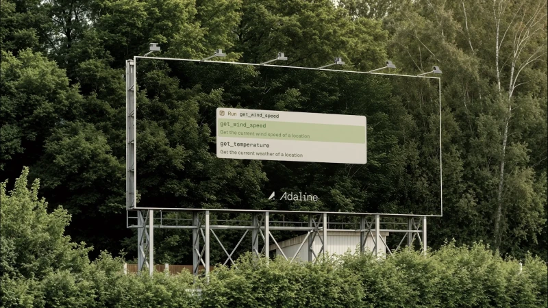 Billboard in a green, lush forest displays weather forecast code for temperature and wind speed with Adaline branding, under bright daylight.