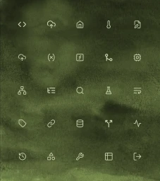 Minimalist white line icons arranged in a grid over a dark textured olive green background for Adaline brand identity