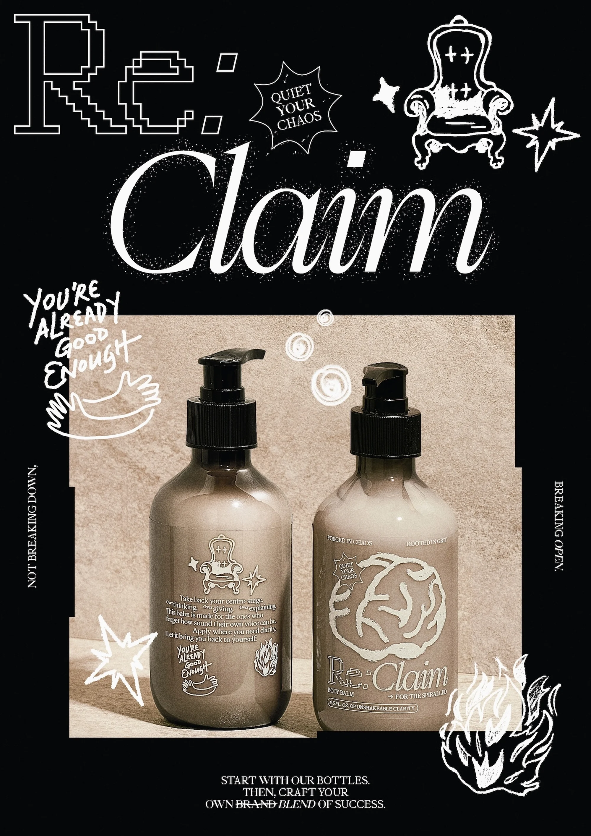 Two grey-colored bottles of skincare product with pump dispenser on a speckled surface against a black backdrop with white graphics and text.