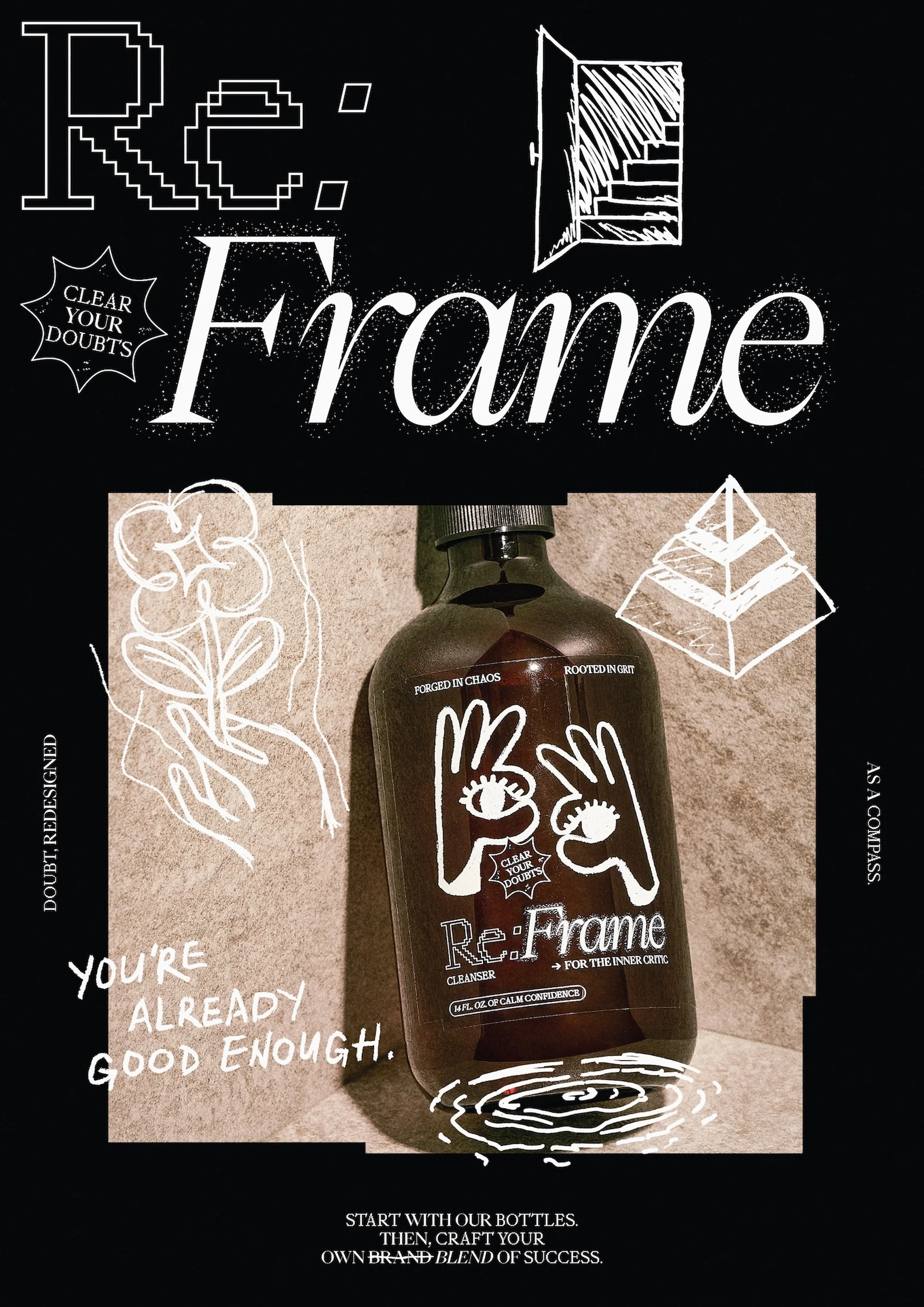 Product shot of Re:Frame Cleanser, a dark bottle with a white logo, against a textured surface with hand-drawn elements and text.