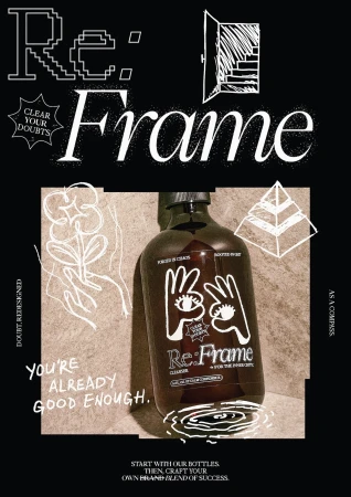 Product shot of Re:Frame Cleanser, a dark bottle with a white logo, against a textured surface with hand-drawn elements and text.