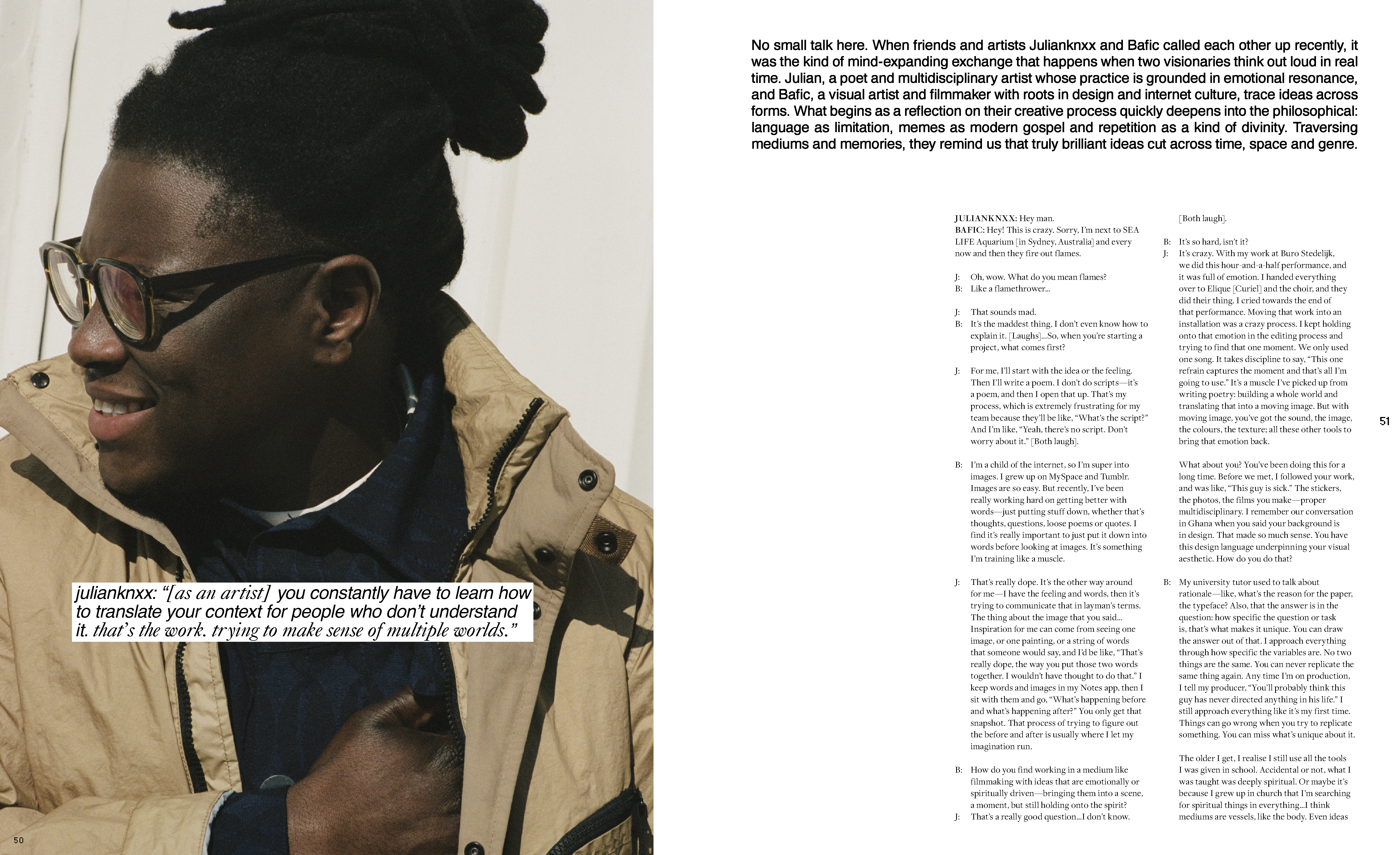 Smiling Black man with glasses in front of a magazine spread. The left page shows his image and an artist quote.