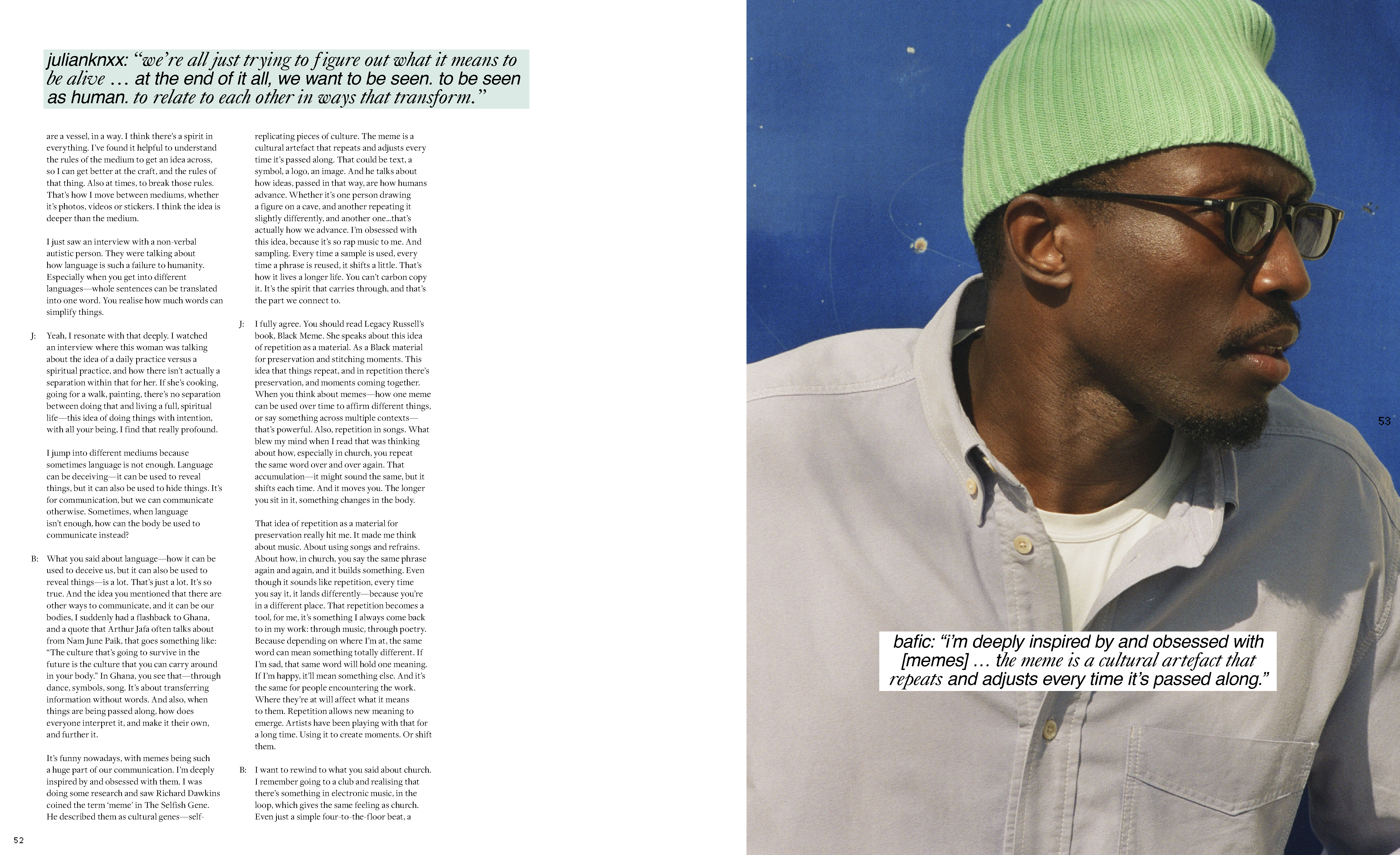 Close-up of an African-American man with sunglasses and a green beanie, next to text snippets on an off-white page, showing fashion editorial.
