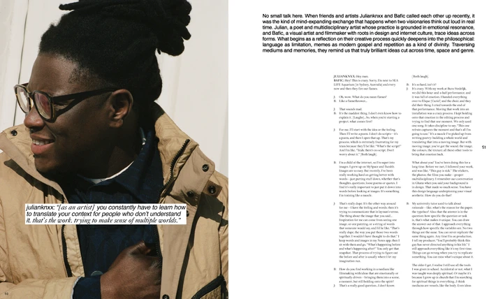 Close-up profile portrait of a black man wearing glasses and a tan jacket, shown beside editorial interview text.