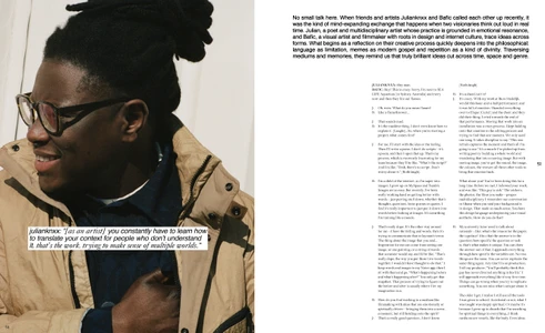 Close-up profile portrait of a black man wearing glasses and a tan jacket, shown beside editorial interview text.