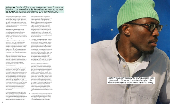 Portrait of a black man wearing a light shirt and green beanie against a blue background, featured in an editorial layout with text.