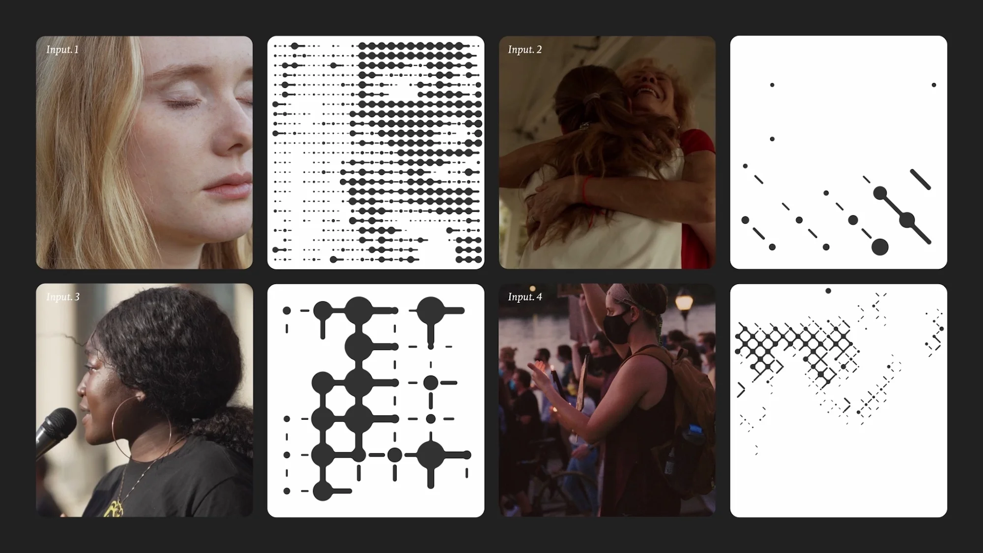 Composite image with portraits of people and abstract graphic designs in a grid pattern, creating a visually engaging and diverse presentation.
