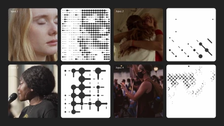 Four-panel grid showing portraits of people paired alongside black and white dot matrix and connected node graphic pattern illustrations.