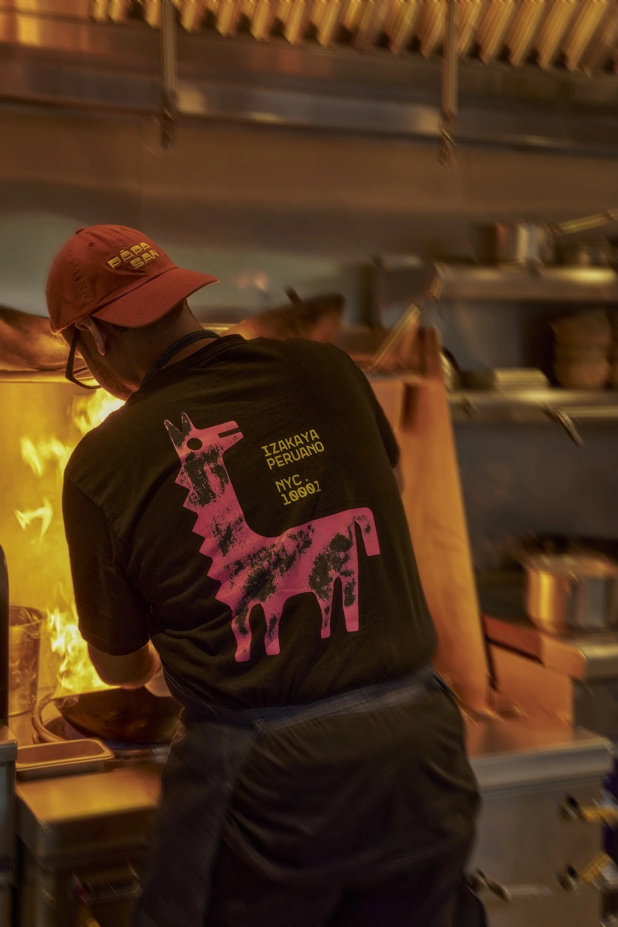 Chef in a black t-shirt and red cap cooking with flames in a commercial kitchen with stainless steel, cookware, and restaurant equipment.