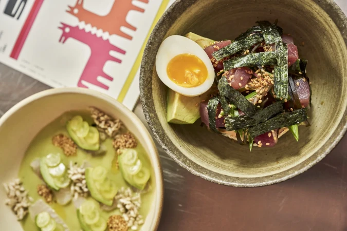 Overhead shot of two bowls filled with vibrant culinary creations: one with sliced avocado in green sauce, the other with tuna and seaweed.