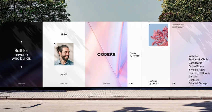 Eye-level, wide-shot of a modern advertisement featuring a portrait of a bearded man and website and mobile app information.