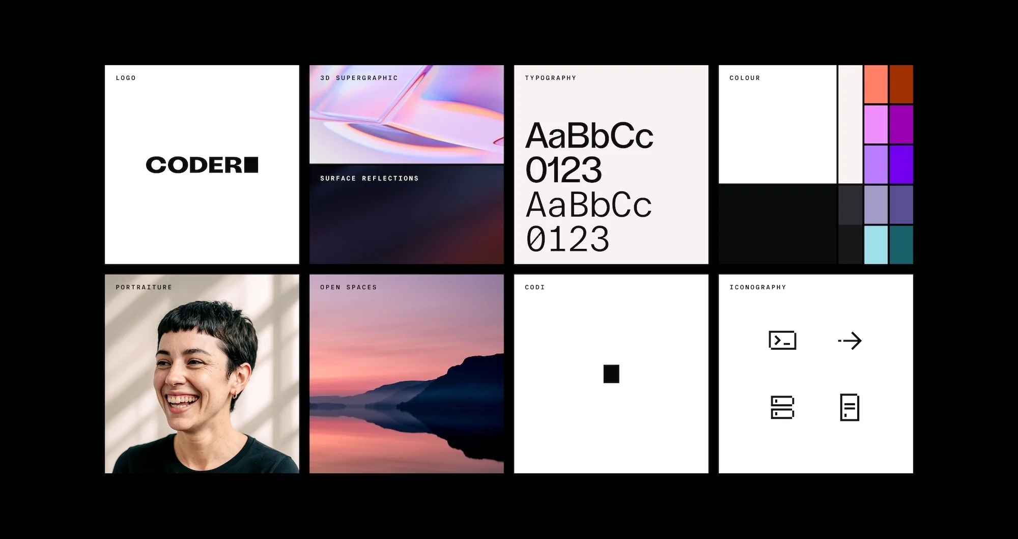 Eight squares on a black background display logo design, 3D rendering, typography samples, color palettes, and portrait photography.
