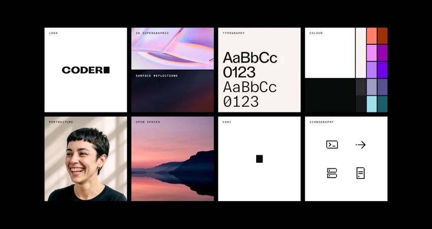 Eight squares on a black background display logo design, 3D rendering, typography samples, color palettes, and portrait photography.