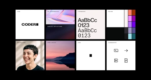 Grid of eight panels showing brand identity elements for Coder including logo, typography, colour palette, and photography.