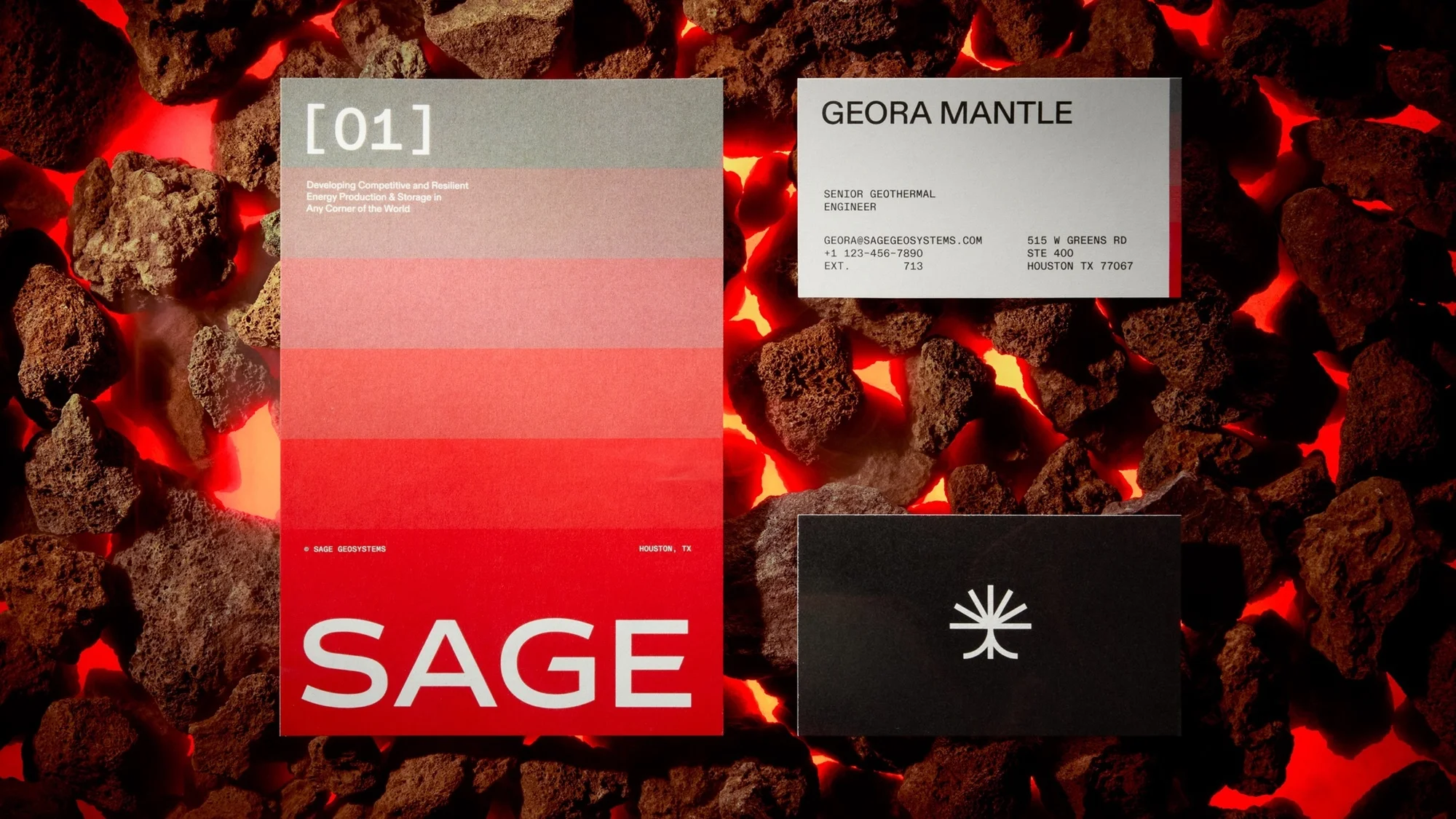 Promotional image showcasing Sage Geosystems' brand with business cards arranged on volcanic rock with red lighting, ideal for geothermal energy.