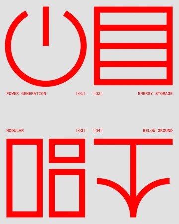Red schematic icons for power generation, energy storage, modular systems, and below-ground infrastructure on a light grey background.